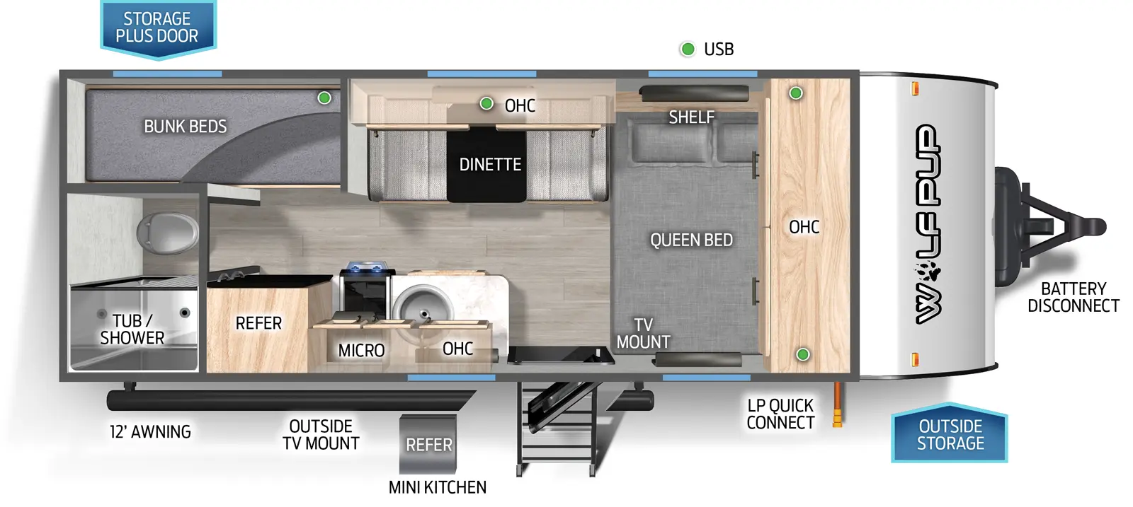 The Cherokee Black Label 16BHSBL floorplan has one entry and zero slide outs. Exterior features include: fiberglass exterior, 12' awning and outside kitchen. Interiors features include: bunk beds and front bedroom.